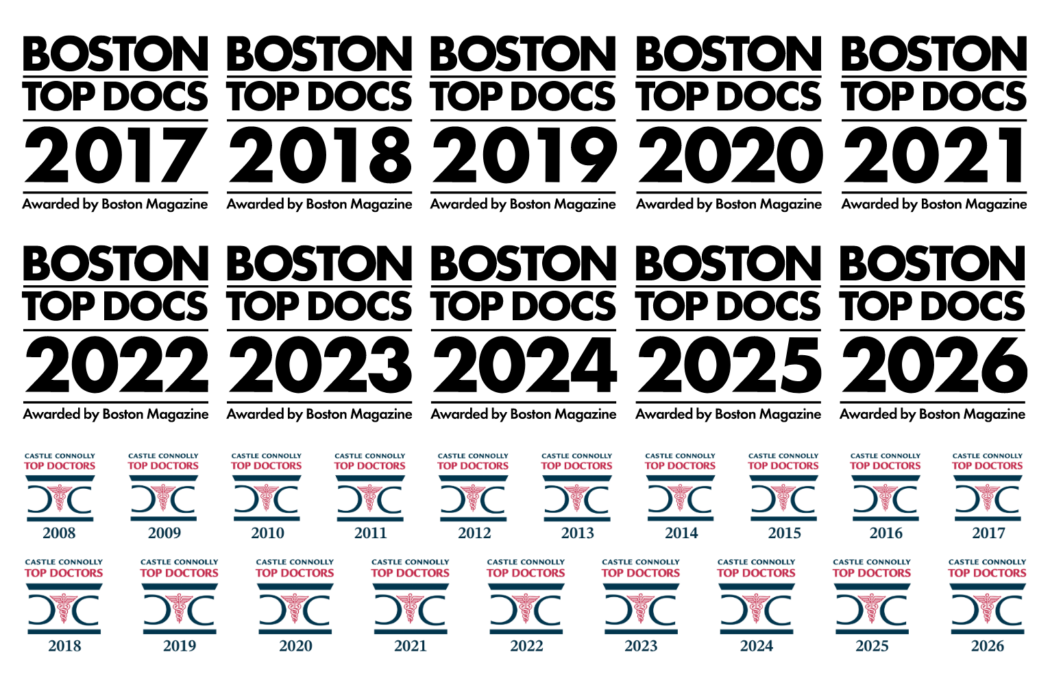 Boston Magazine Top Doctors logos 2017-2026 and Castle Connolly Top Doctors logos 2008-2026